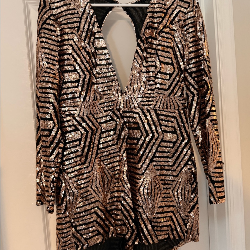 Brown and Cream Sequin Cut Out Bodysuit 3/4 Sleeve